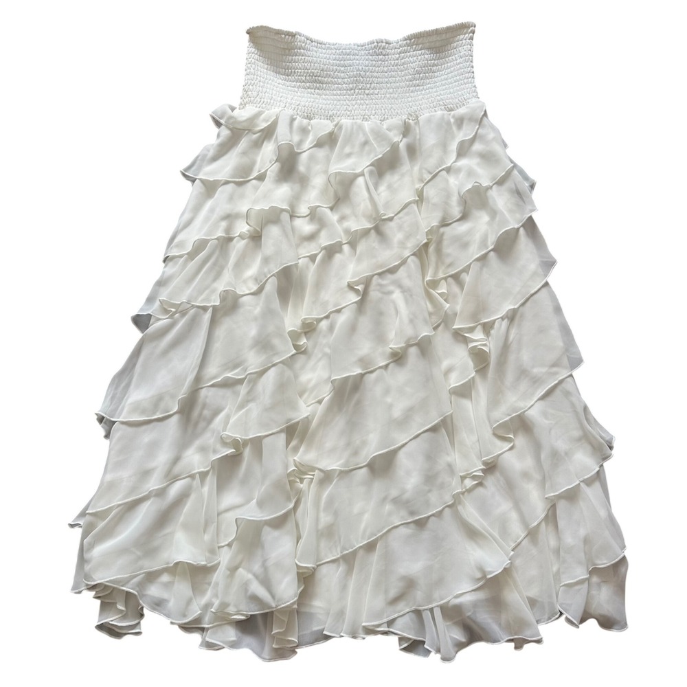 S. Levine White Tiered Ruffle Midi Skirt Smocked Waist Boho Cottagecore Medium